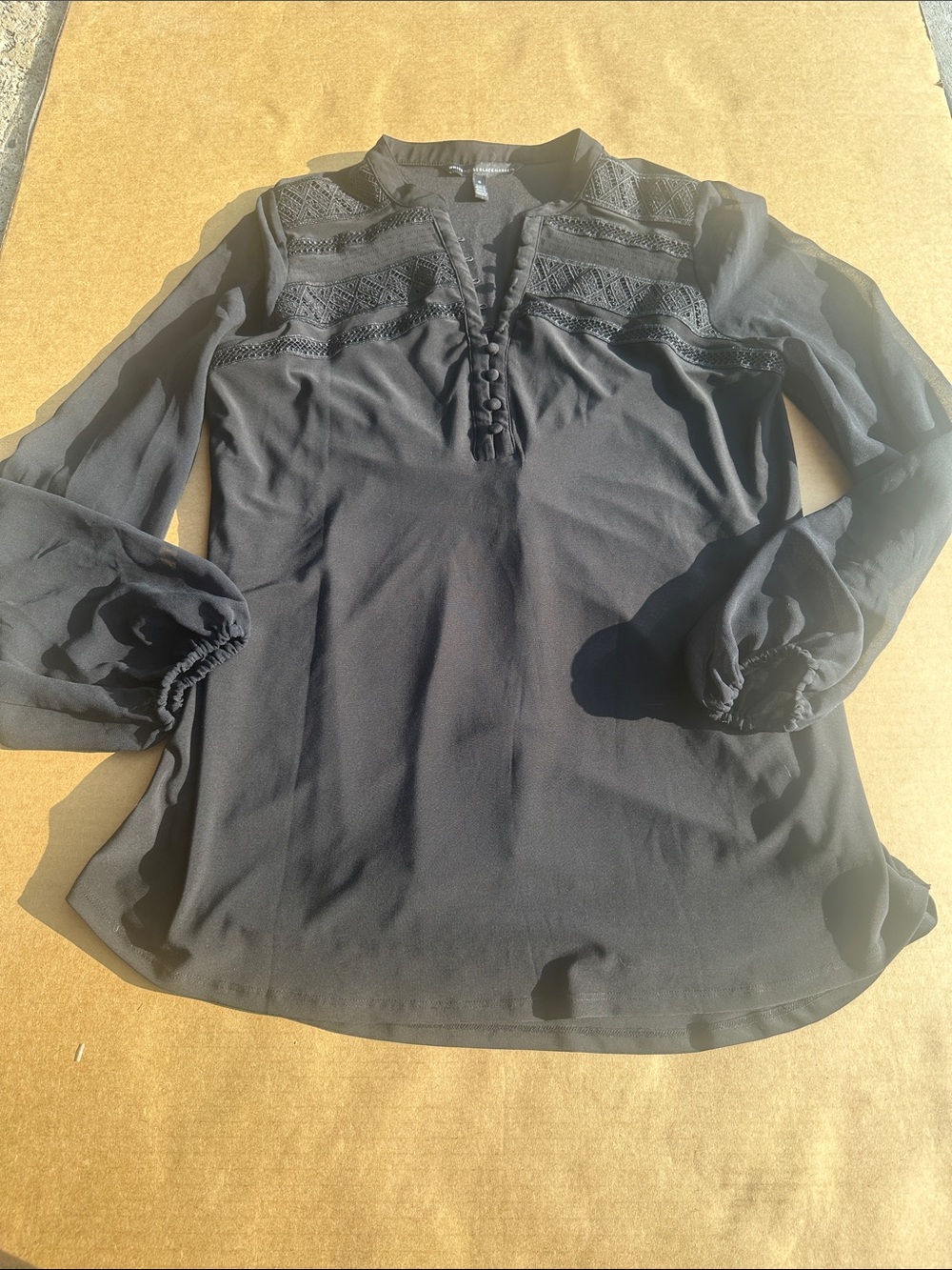 White House Black Market Black Long-Sleeve Lace-Yoke Blouse